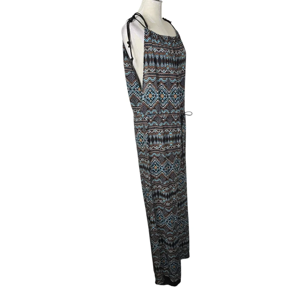 Timing Blue Brown Printed Shoulder Ties Sleeveless Jumpsuit L - Picture 4 of 9